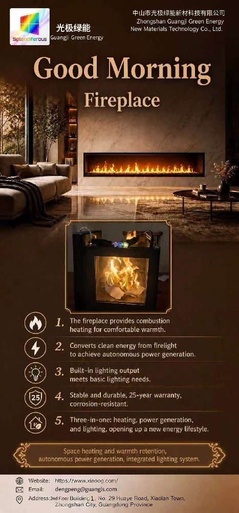 A fireplace capable of generating electricity, providing heat, offering lighting, and charging devices.